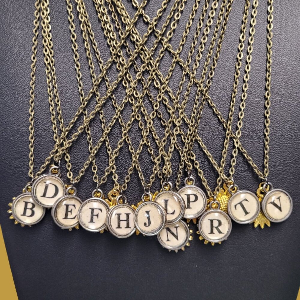 Vintage Typewriter Key (Tim Holtz) Initials Gold Plated Sunflower Charm Necklace - Picture 7 of 14